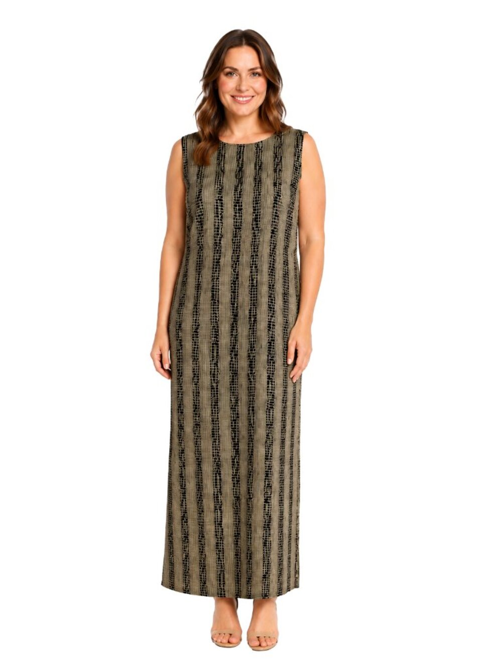 Leslie Fay Maxi Dress 14WP Black Tan Abstract Sleeveless Modest Boho
